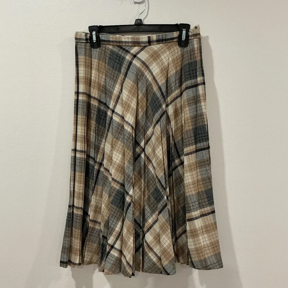 Vtg Wool Plaid Pleated Skirt Sz 16 MADISON Union Rustic Fall Colors EUC 60s 70s